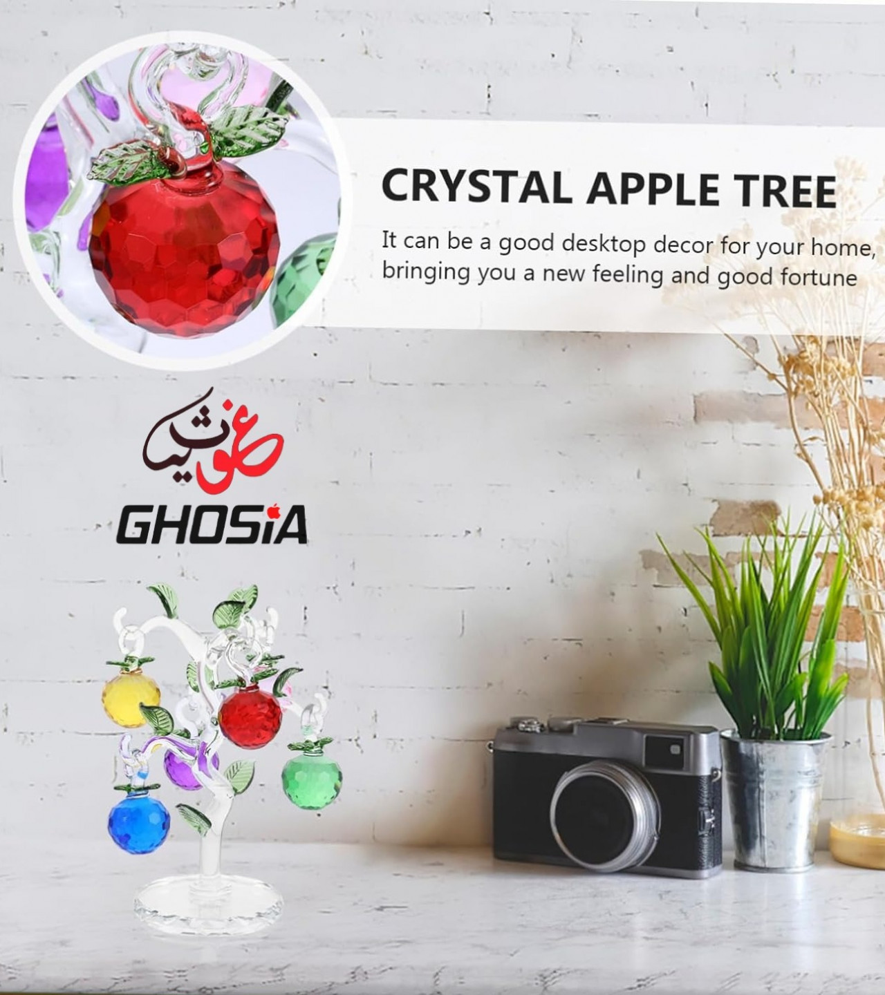 Antique Crystal Tree Decoration – A Beautiful Display Piece Featuring Six Colorful Crystal Apple Hangings-3362
