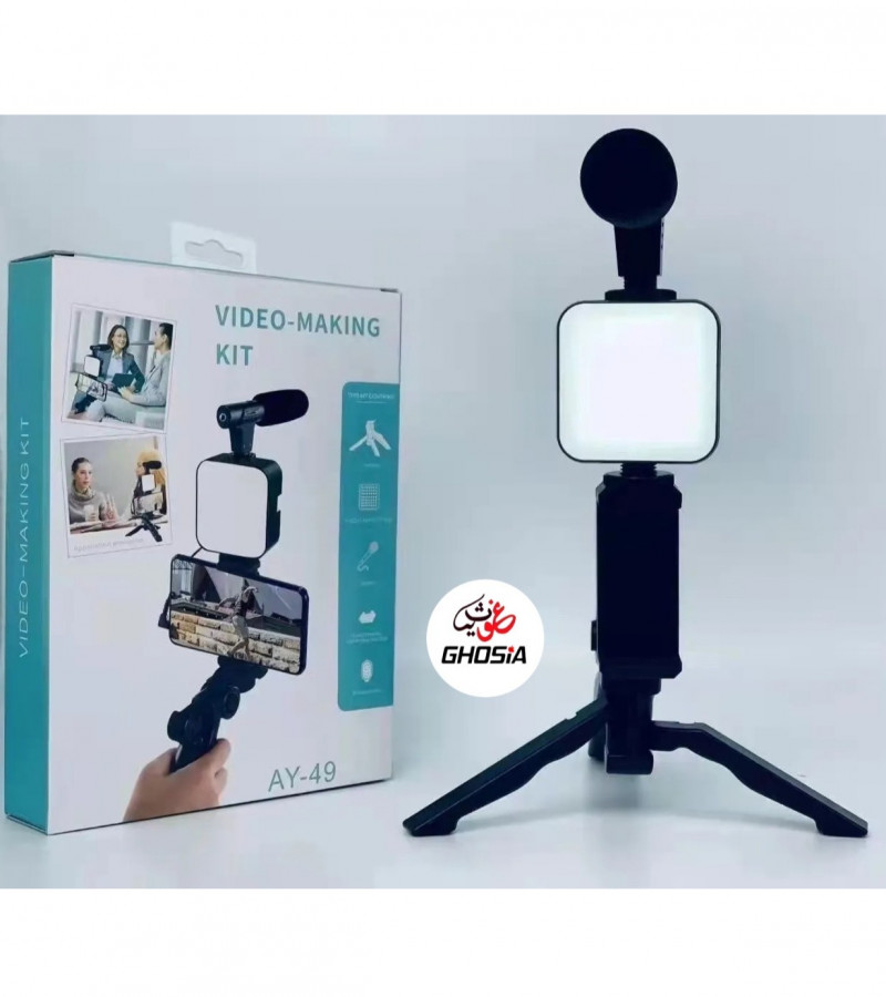AY-49 Vlogging/Video making kit for live stream with a microphone and LED flashlight, Tripod stand and Bluetooth controller-2449
