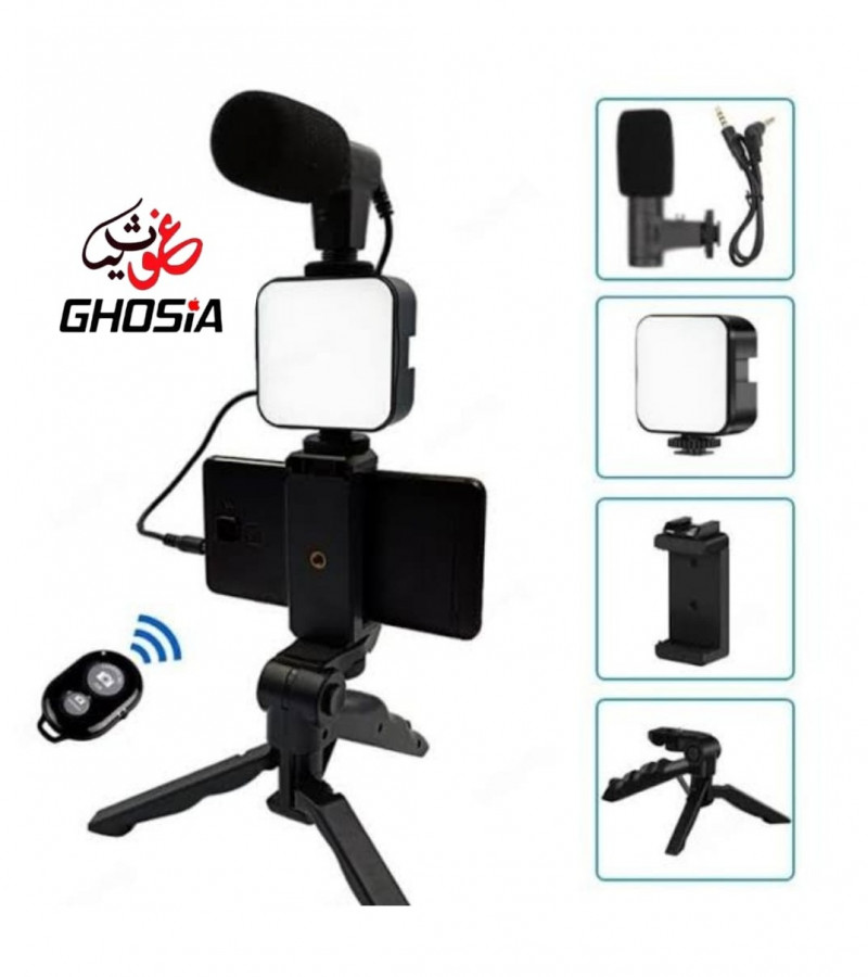 AY-49 Vlogging/Video making kit for live stream with a microphone and LED flashlight, Tripod stand and Bluetooth controller-2449