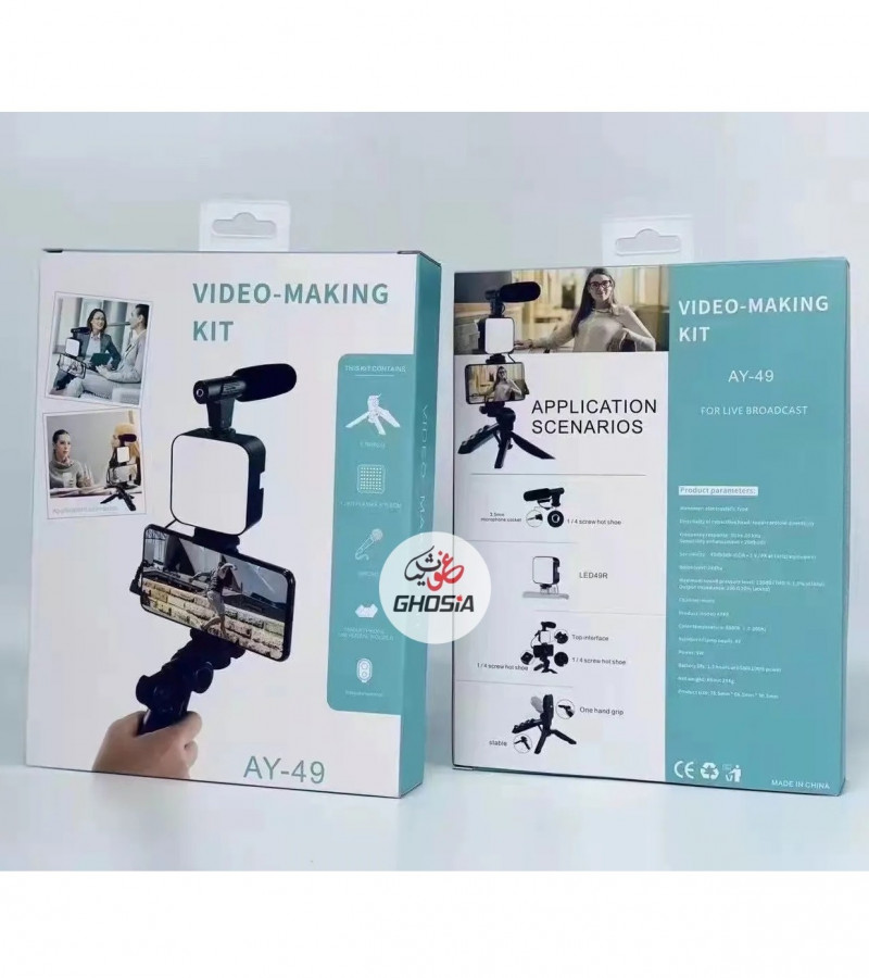 AY-49 Vlogging/Video making kit for live stream with a microphone and LED flashlight, Tripod stand and Bluetooth controller-2449