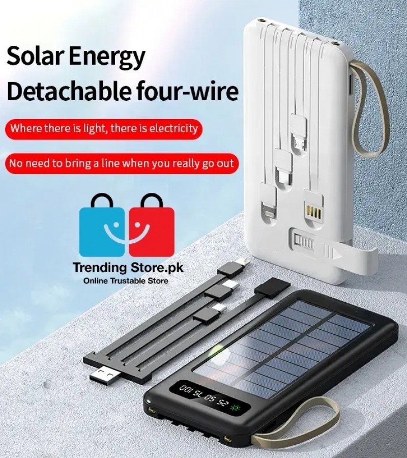 Solar Power Bank 10000mAh Solar Powered Mobile Charging Power Bank With 4 Detachable Charging Cables
